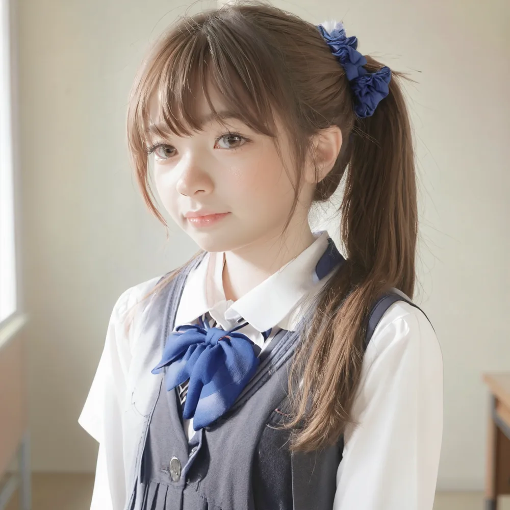 SeFi-Image 2B turboで正面向き指定を足して生成したキャラクター。斜め向きのままで、ポニーテールの結び目も頭頂〜やや左寄りに見え、右目の形や頬の陰影に不自然さが残る