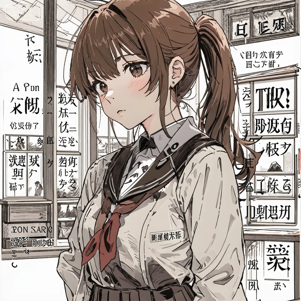 SeFi-Image 2B turboで生成したアニメ系の人物イラスト。キャラクター自体はセルシェーディングで破綻していないが、背景の看板部分に読めない偽の漢字・仮名が大量に敷き詰められている
