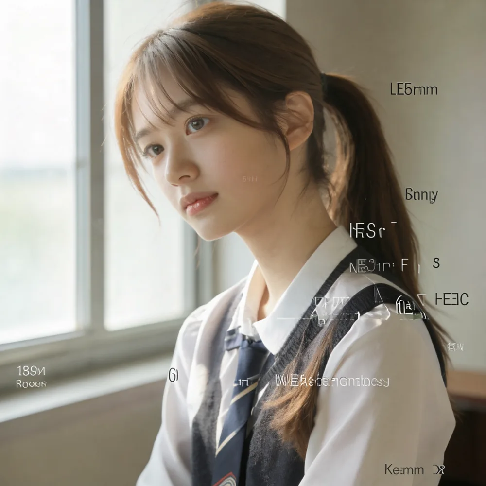 SeFi-Image 2B turboで生成した写実系の人物ポートレート。制服姿の人物自体は破綻していないが、背景と服の上に意味のない英字ラベルが複数浮いている