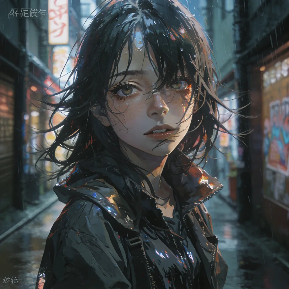 SeFi-Image 2B turboでSpaceのExamplesのプロンプトをそのまま生成した雨のTokyo路地のアニメ調ポートレート。色彩や雨・ネオンの雰囲気は出ているが、目の輪郭が頬に溶け込み口元の線も滲んでいて、左上と左下に偽のロゴ・文字が浮いている