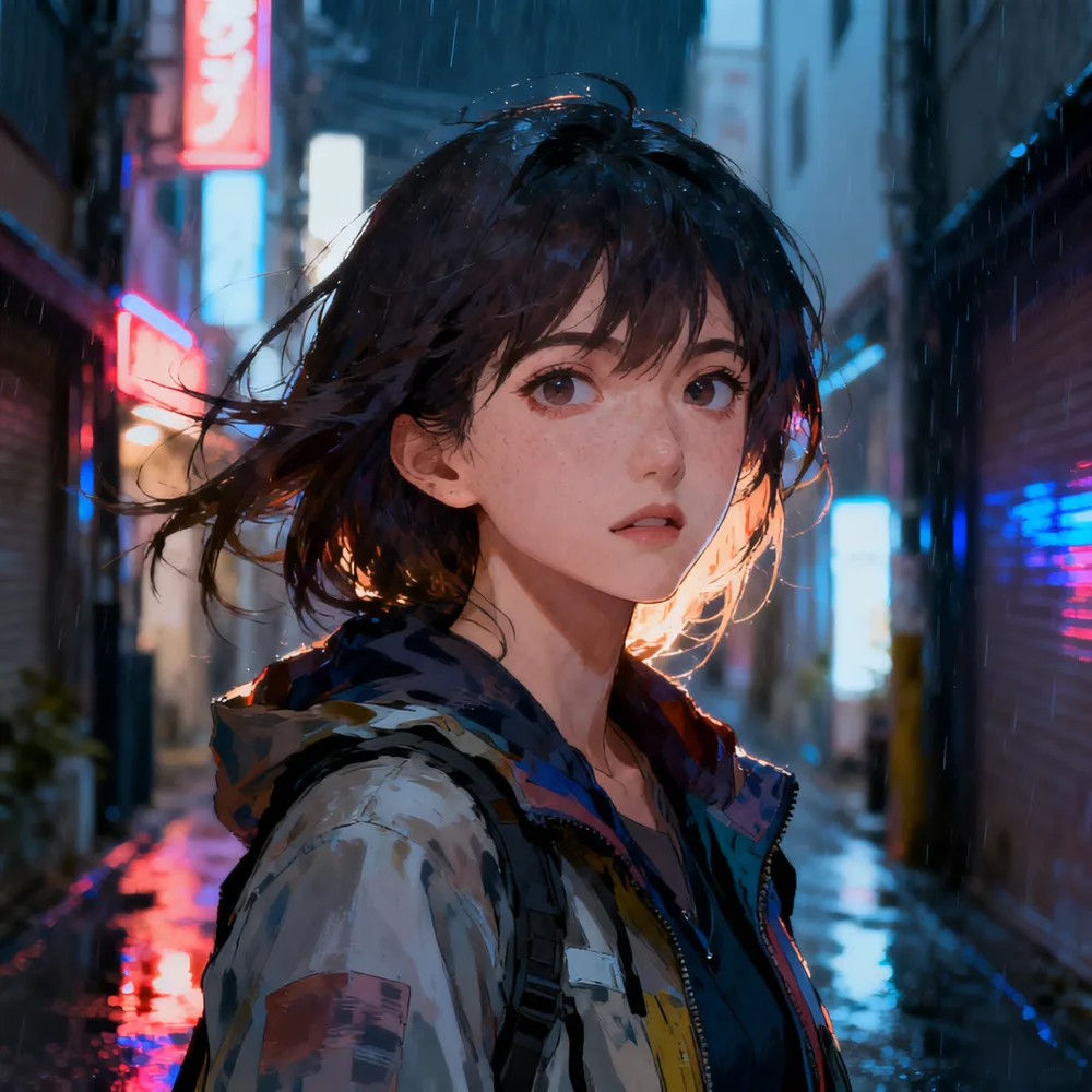 SeFi-Image 5B RLをSpaceのExamplesと同条件で生成した雨のTokyo路地のアニメ調ポートレート。顔は破綻なく、髪や上着のカモ柄の質感も自然で、看板もそれらしいビジュアルに収まっている
