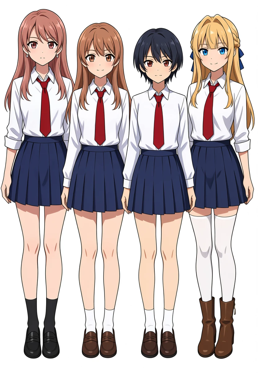 4人・Lv0(トリガー語のみ)をseed42で再実行した結果。左からkurara、背の低いkurara、koharu、keichan。kanachanは出ておらず、サイドポニーもアホ毛も画面のどこにもない。指定していない学校制服になっている
