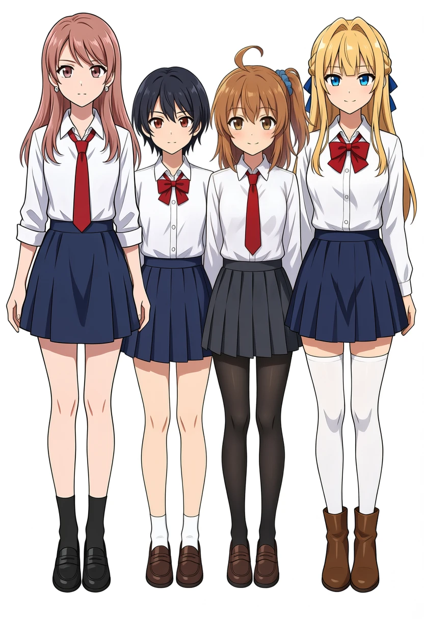 固定辞書の条件、seed42。4人とも識別特徴は出ているが、位置文がないため並び順はトリガー順と一致しない。服も指定していない学校制服になっている