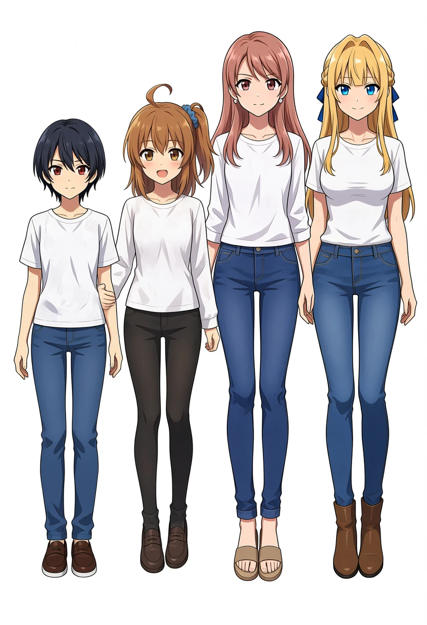 maxgen11、教師P3(識別文+シーン込み)をそのまま入力。koharu(最も低身長)・kanachan・kurara・keichan(kuraraと同身長)が指示順どおりに描き分けられている