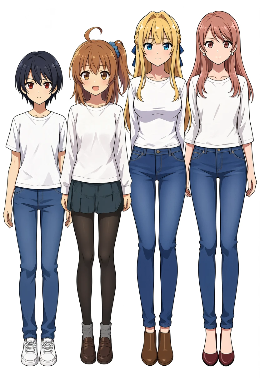order2、教師P3(識別文込み)をそのまま入力。koharu(黒髪赤目、最も低身長)・kanachan(サイドポニー+アホ毛)・keichan(金髪+青リボン)・kurara(rose-brown髪+ピアス、keichanと同身長)が指示順どおりに描き分けられている