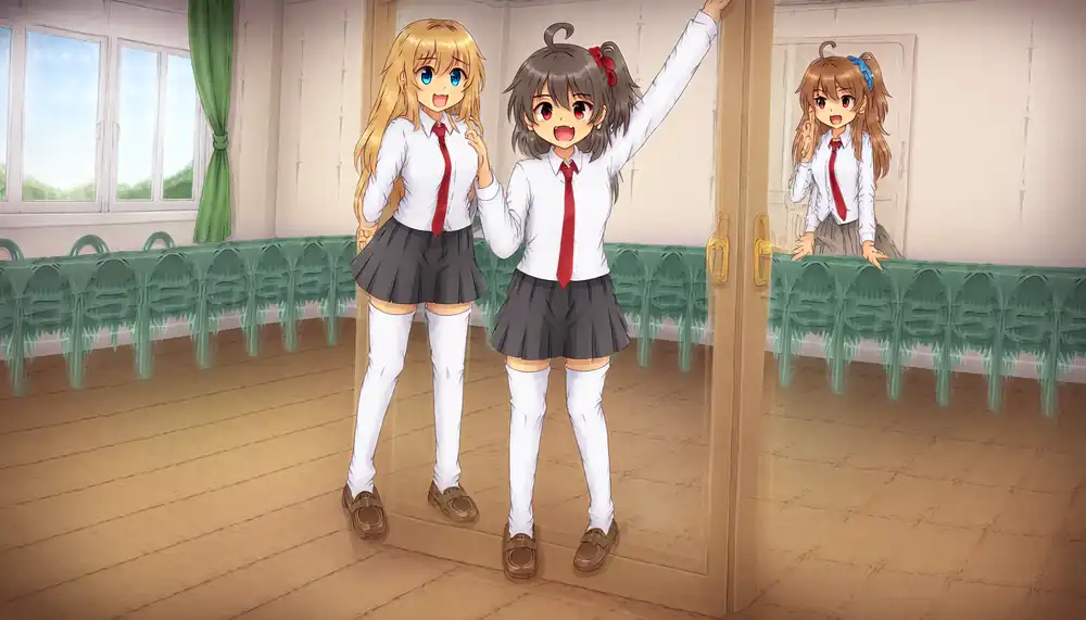 Qwen=all zeros, T5=110. A three-girl hybrid in a broken, mirror-like space