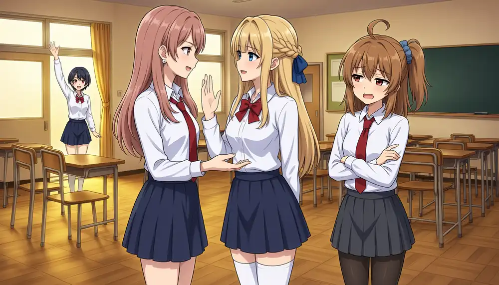 Qwen=P1O0, T5=P1O0. Both assign the black tights to Koharu at the back, and Kana foreground-right wears them anyway
