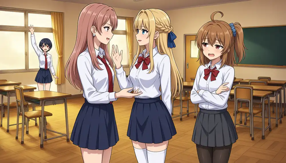 Qwen difference extrapolated x2 toward P1O0. The scene holds, and the black tights stay on Kana foreground-right