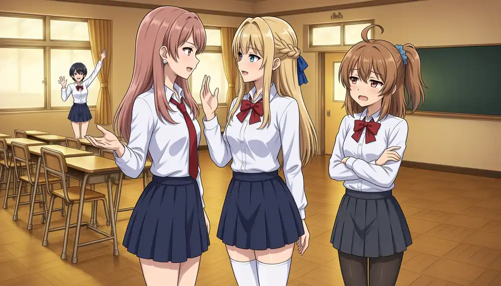 Qwen difference extrapolated x4 toward P1O0. The image changes enough that Koharu raises both hands, and the black tights stay on Kana foreground-right
