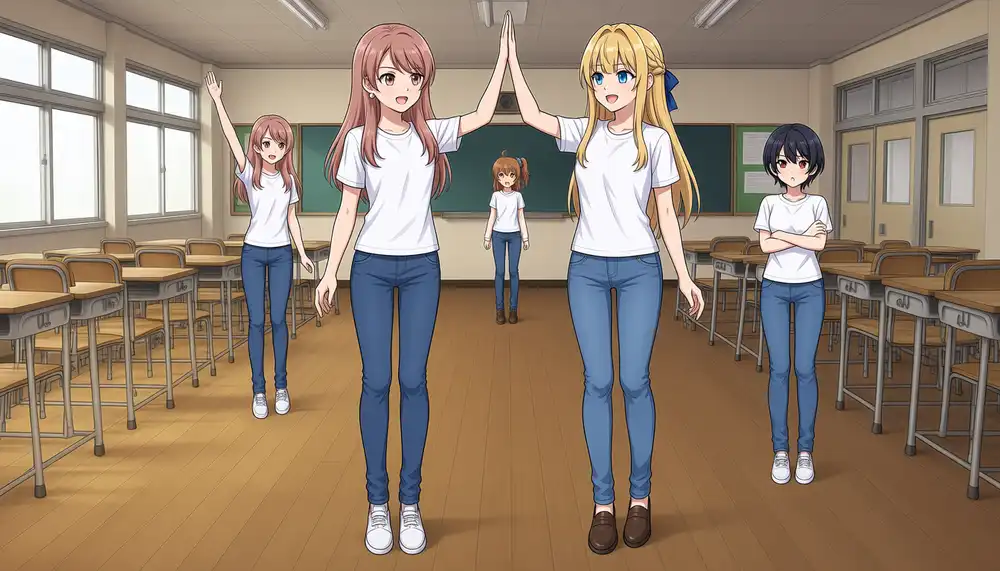 v49 seed 1234 with the scene moved to a classroom. An extra Kurara appears, making five girls