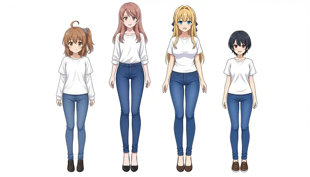 Control condition with the girls standing in the order Kanachan, Kurara, Keichan, Koharu. All four are drawn distinctly