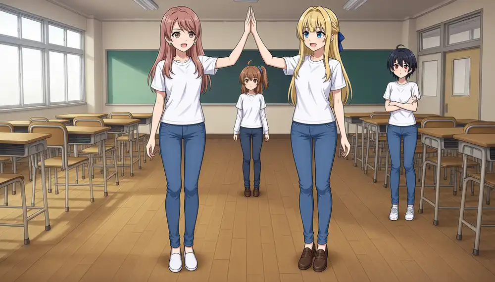 Seed 42 with the head-count partition added. Four girls appear one each, the center two high-five, Kanachan in the back keeps her arms down, and Koharu on the right crosses her arms