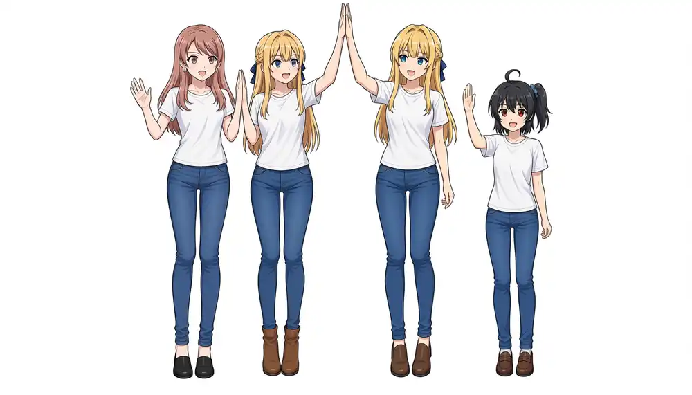 Seed 42 with the high-five instruction moved to the front. The center two collapse into blondes, and on the right Koharu is gone, replaced by a black-haired Kanachan