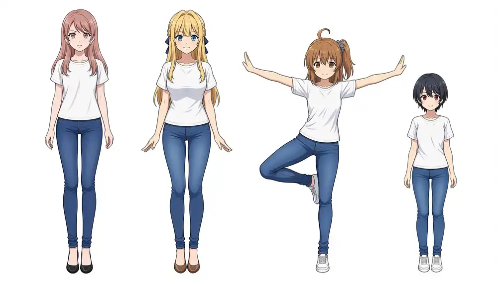 Seed 42 with only Kanachan's sentence changed to a dynamic pose from the previous P3. Only Kanachan balances on one leg