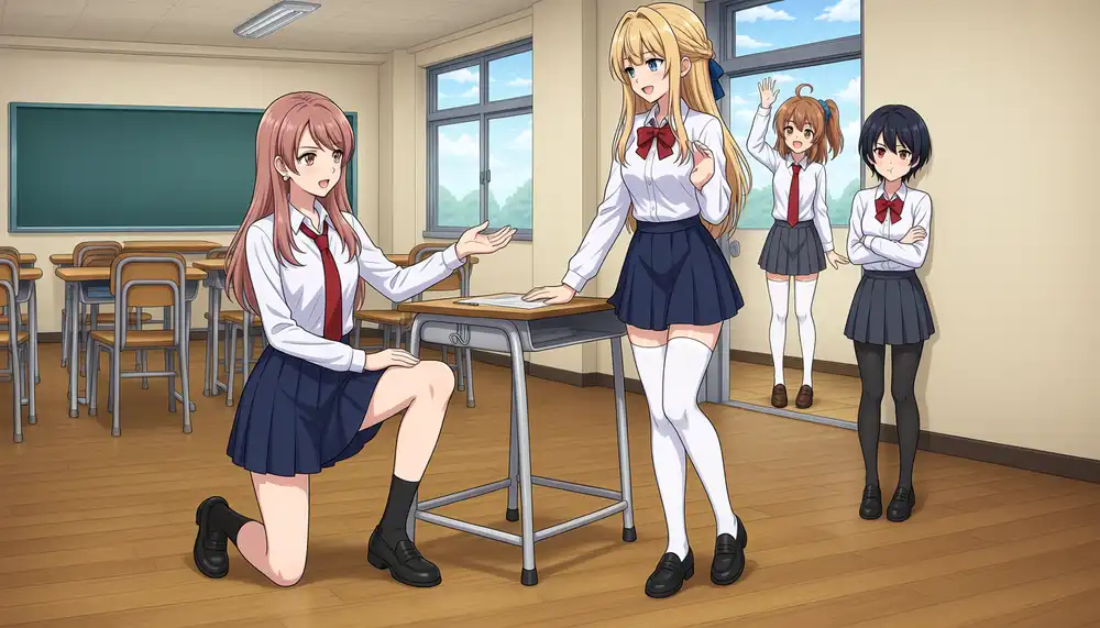 Seed 1234 with Kurara told to kneel. The knee is on the floor but her gaze doesn't meet her conversation partner's