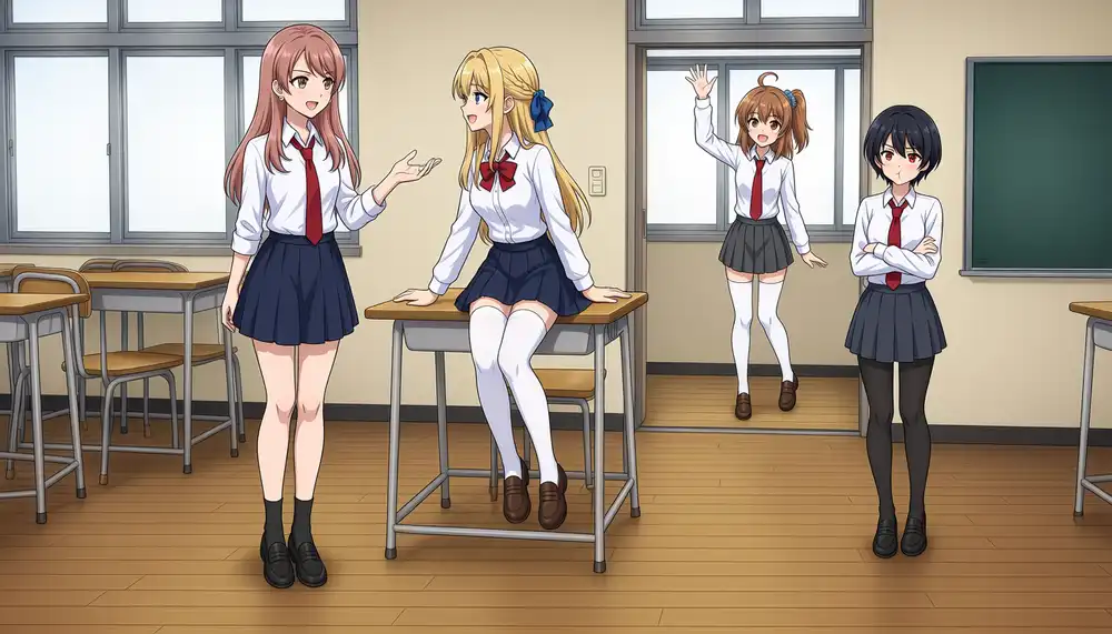 Seed 1234 with Keichan told to sit on the desk edge. Both legs hang freely but whether the two girls look at each other is ambiguous