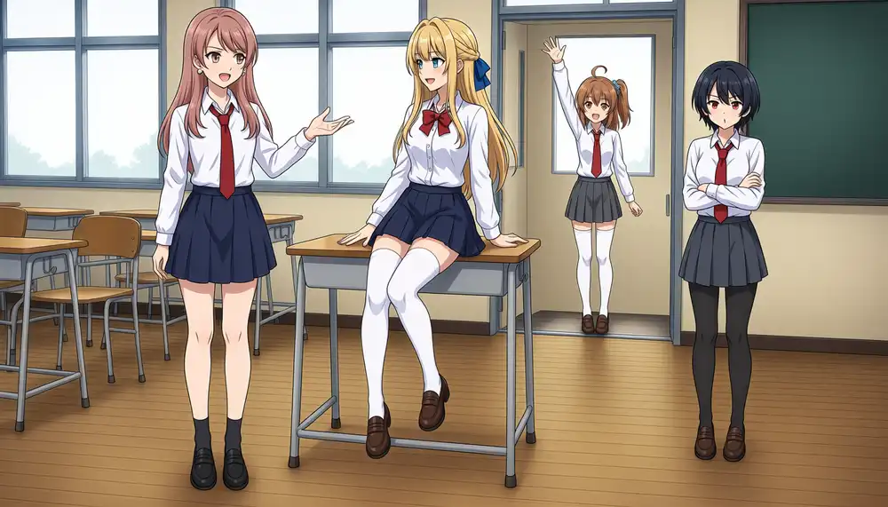 Seed 42 with Keichan told to sit on the desk edge. She perches on the edge with both legs hanging