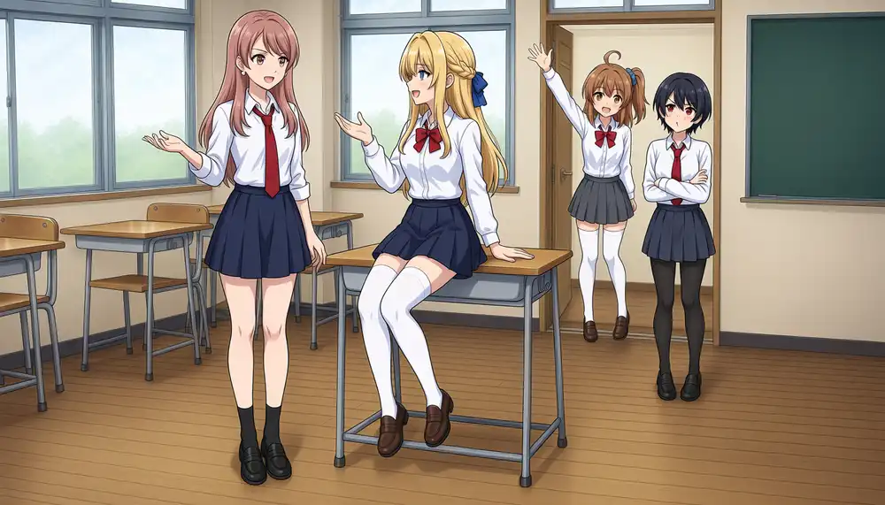 Seed 9999 with Keichan told to sit on the desk edge. The perch works but the outfit assignment breaks