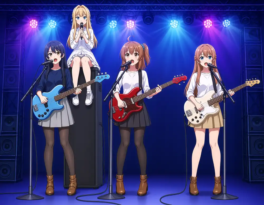 Qwen3-8B v2が外見の目印を落としたプロンプトのseed42。キャラの立ち位置が入れ替わり、ドラムキットが消えた