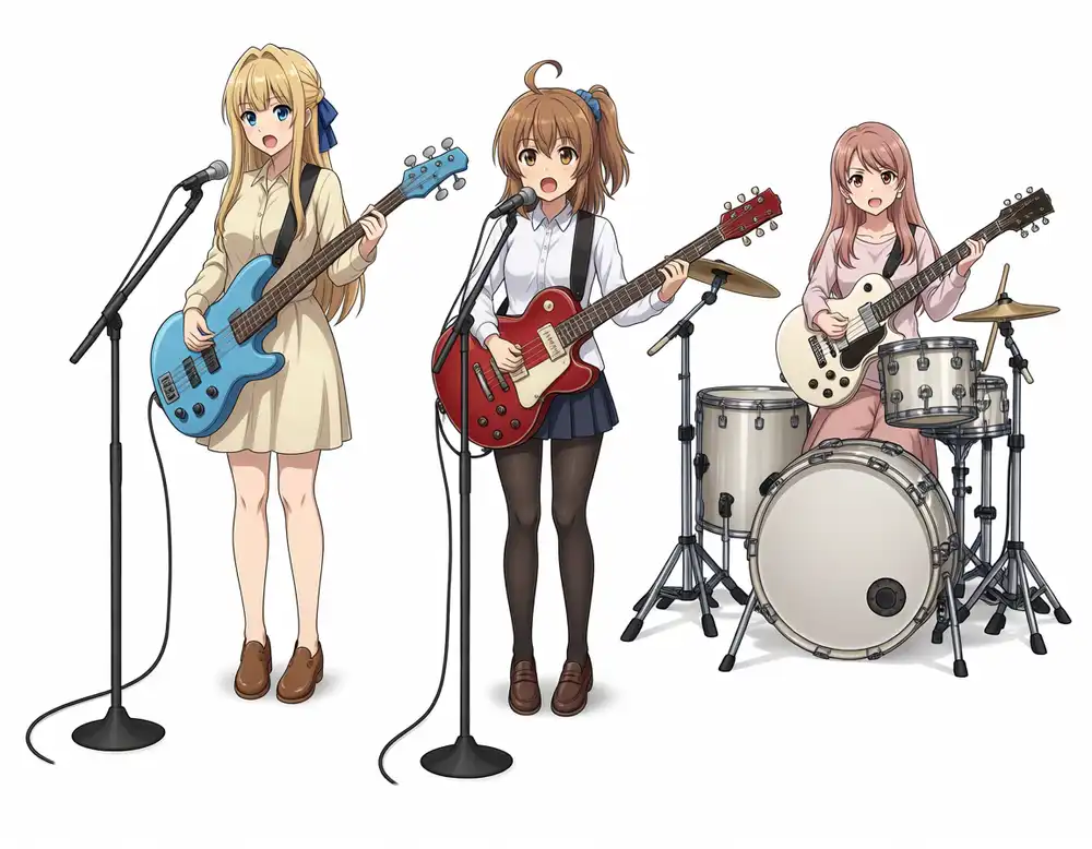 バンドプロンプトの背景だけ白へ変えたseed42。こはるが消えて3人になり、くららがドラムの椅子に座ったままギターを弾いている