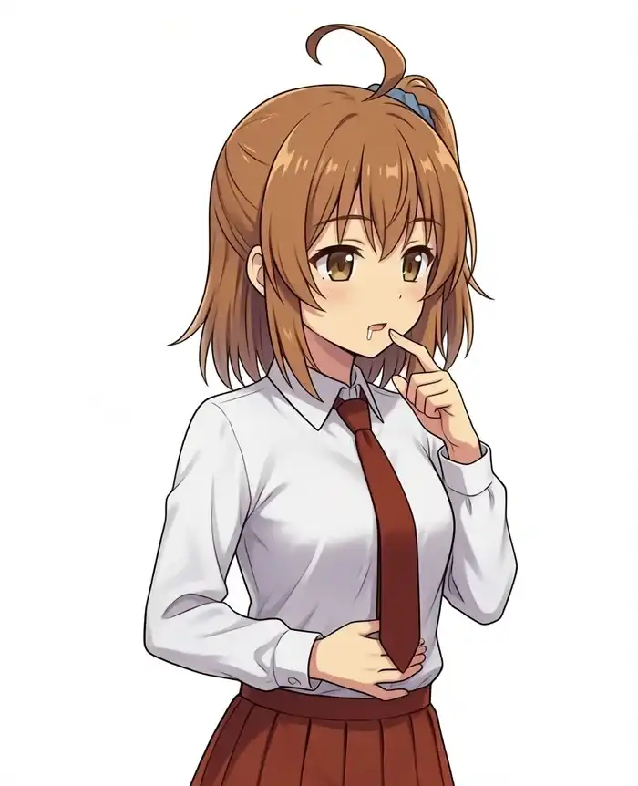 Final output, seed 3421689588. Three-quarter view facing right, fingertip touching the lower lip, a short trail of drool at the corner of the mouth, right hand on the stomach, side ponytail and scrunchie at the upper right of the head