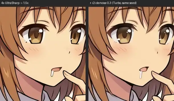1:1 crop of the mouth and finger. Left: 4x-UltraSharp scaled to 1.5x. Right: the same with i2i denoise 0.3 on top