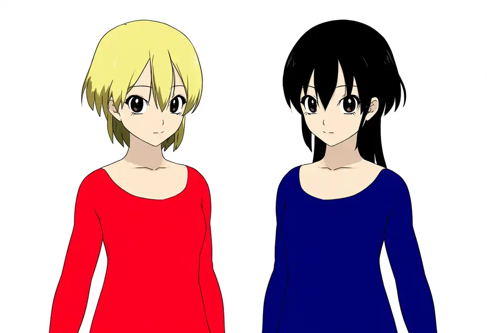 E4 プロンプトC seed 42の素の生成(指示は左が金髪+赤い服、右が黒髪+青い服)