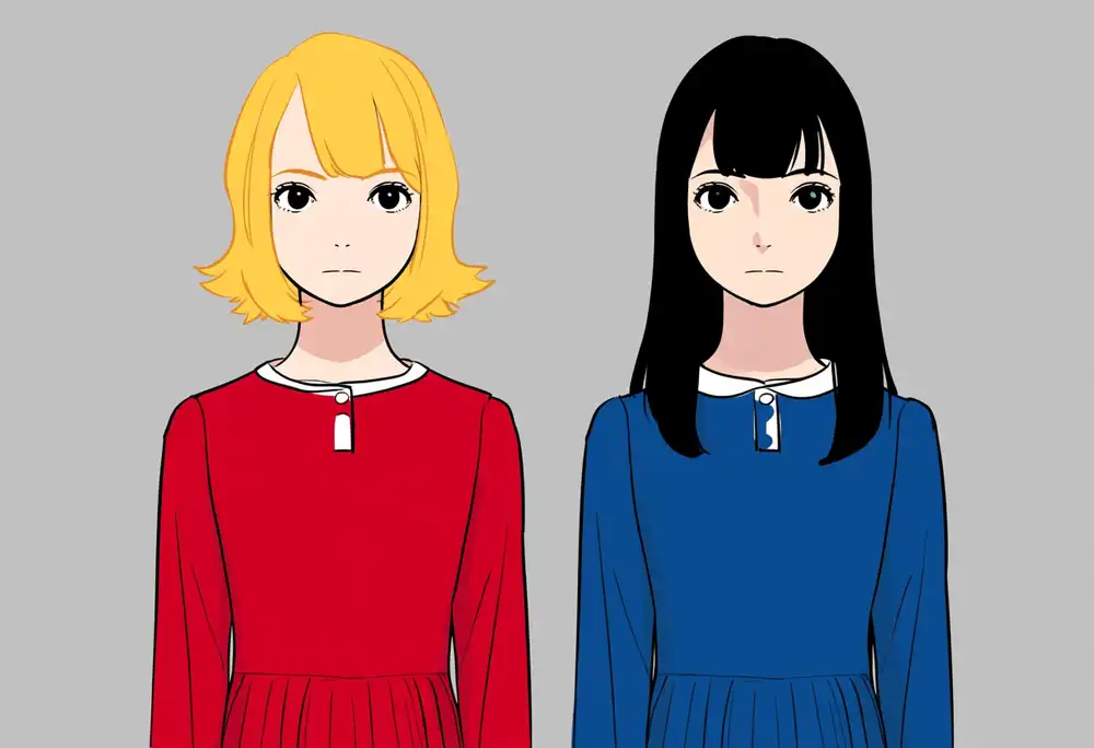 E4 プロンプトC seed 44の素の生成(指示は左が金髪+赤い服、右が黒髪+青い服)