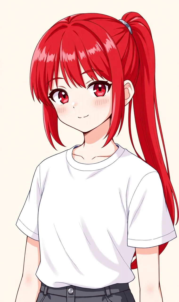 FLUX.1-Kontext-Dev output. Anime style, red ponytail toward the back, white T-shirt, pale yellow background