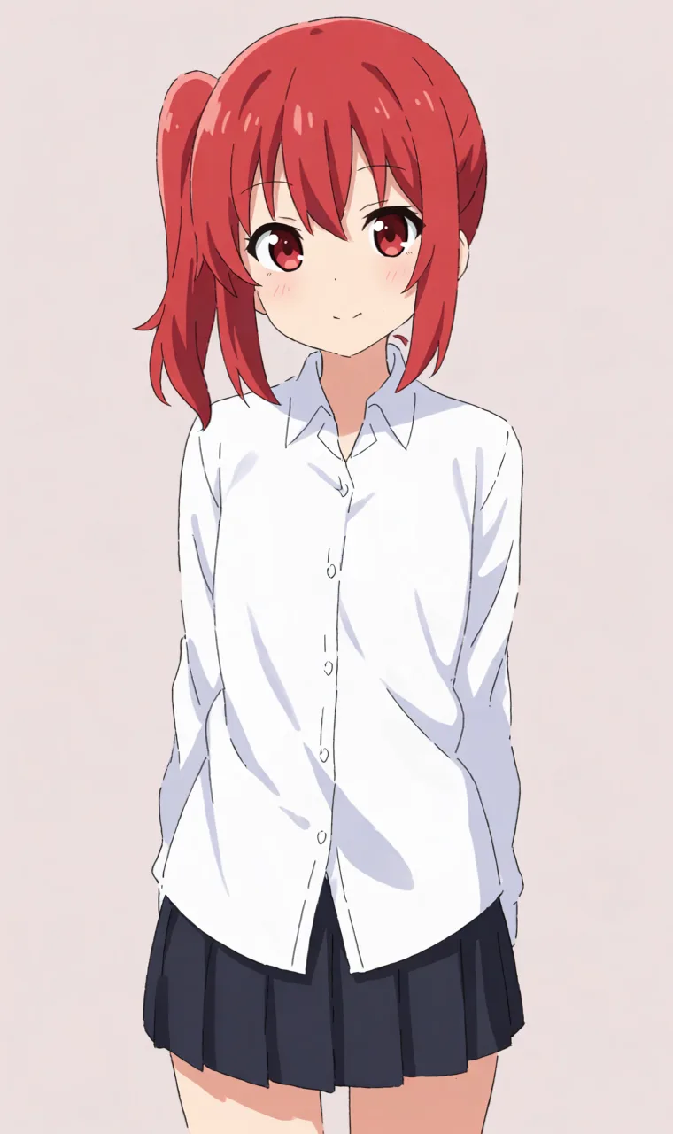Krea-2-Turbo output. Red side ponytail, white long-sleeve shirt and navy skirt, plain pink background