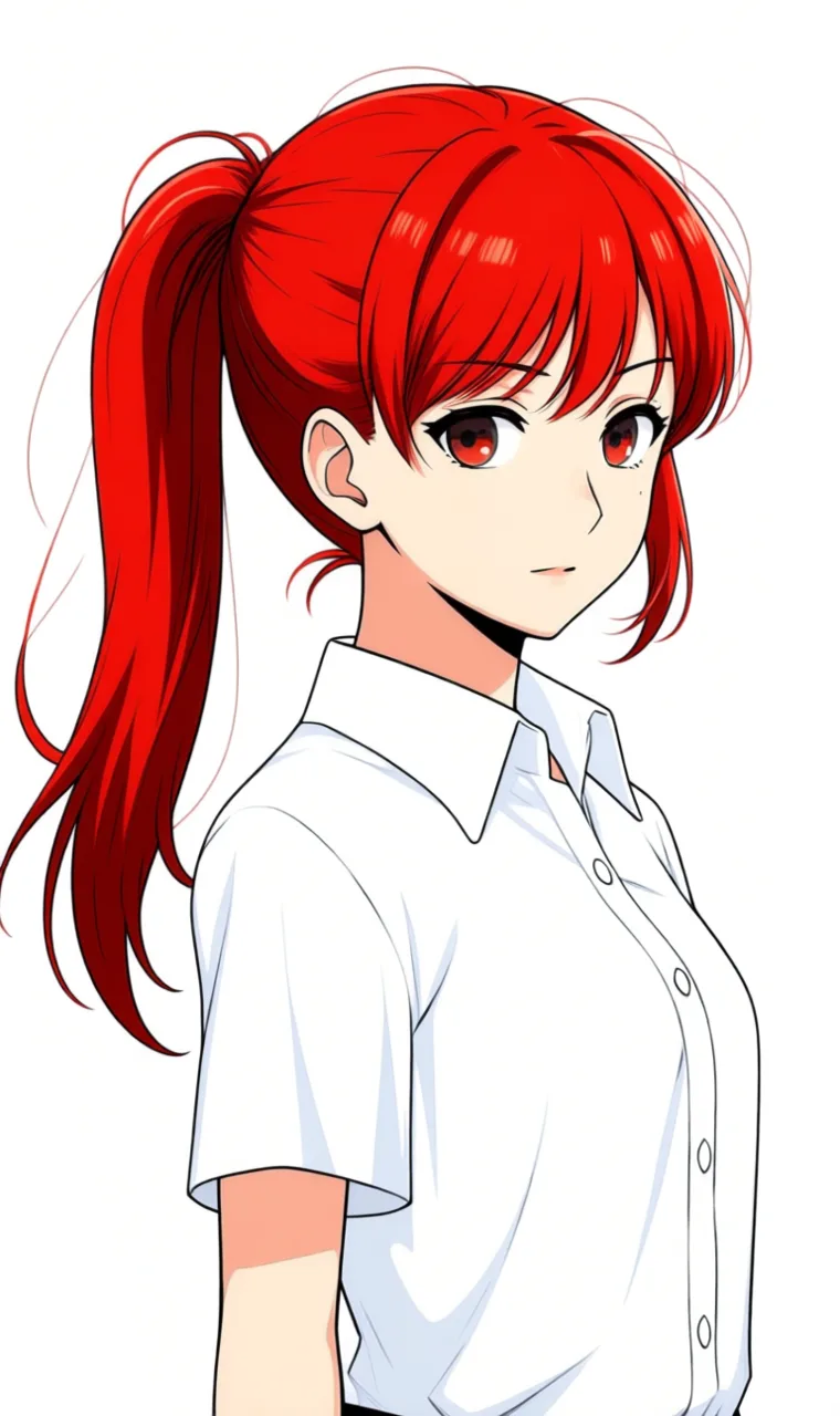 Blueee/Anima.f output. Anime style side view, red side ponytail, white short-sleeve shirt, white background