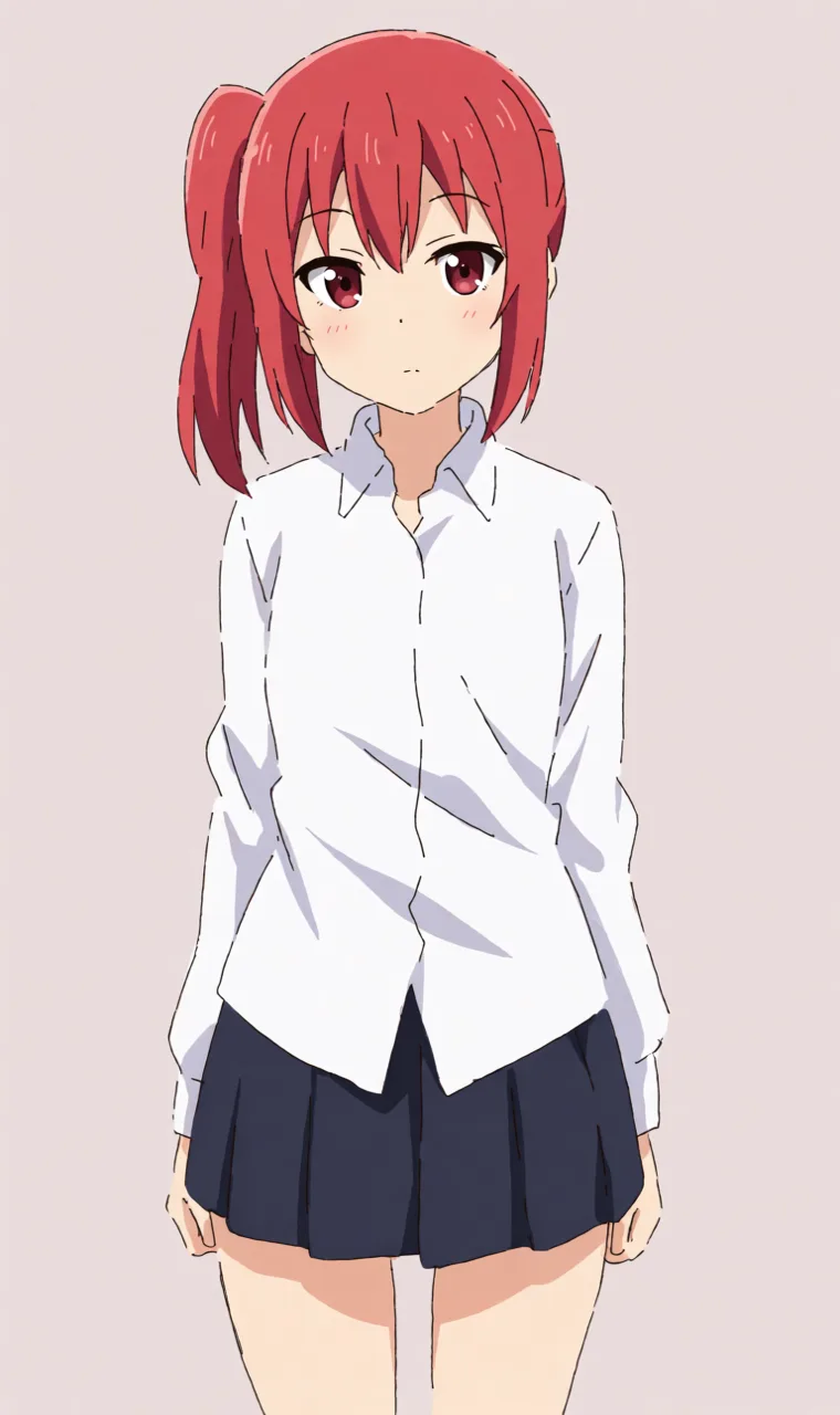 Devilworld/anima-krea2 output. Red side ponytail, white long-sleeve shirt and navy skirt, plain pink background