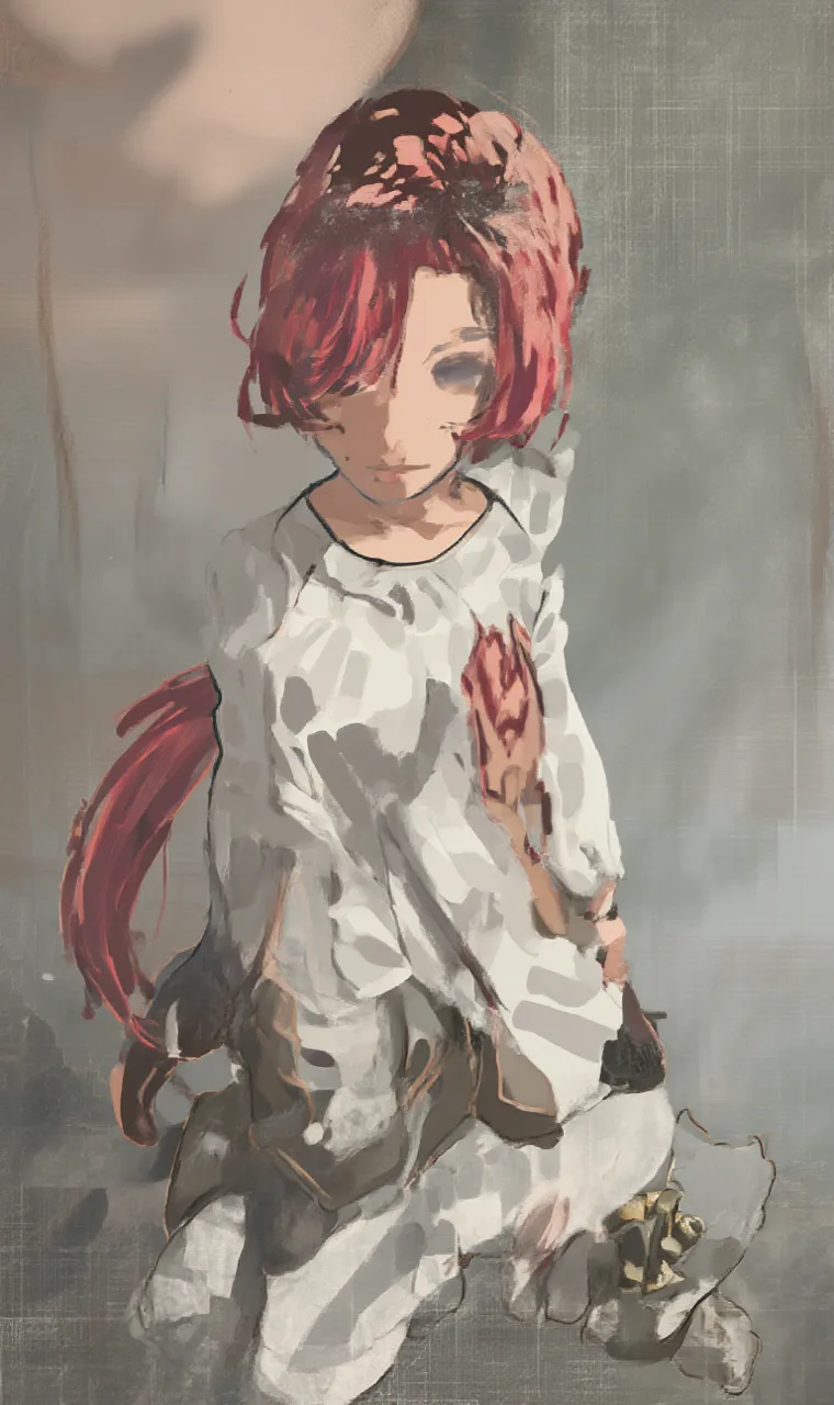 Martis/Anima output. Painterly seated figure, red hair, white clothes, face rendering broken