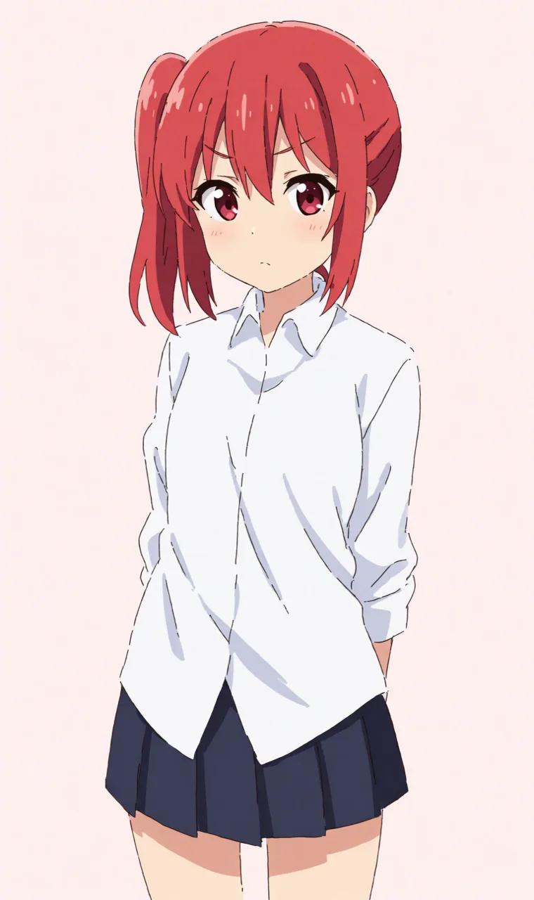 Creolim/WenM-Anima output. Red side ponytail, white long-sleeve shirt and navy skirt, plain pink background