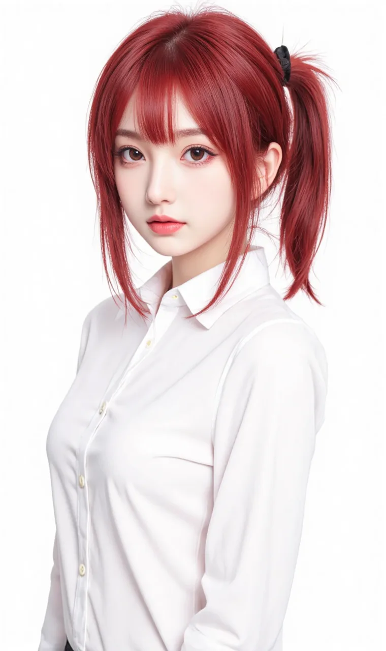 majicflus_v1 output. Photorealistic, red side tail, white shirt, white background