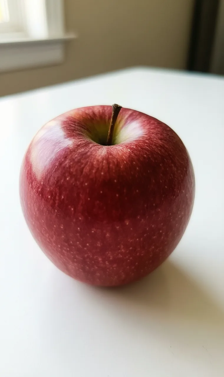 Red apple from Qwen-Image-2512. A white table by a window, framed close on the apple