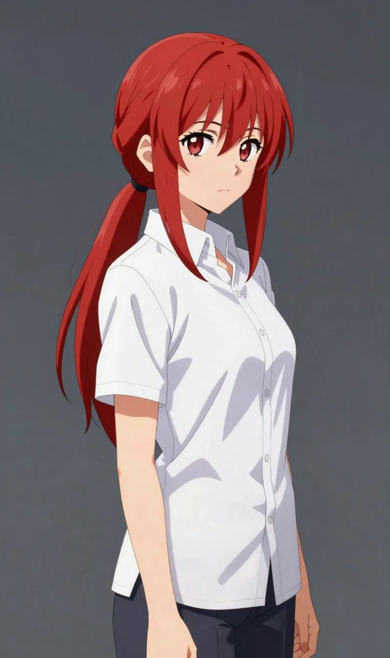 Z-Image-Turbo output. Red side ponytail, white short-sleeve shirt, plain gray background