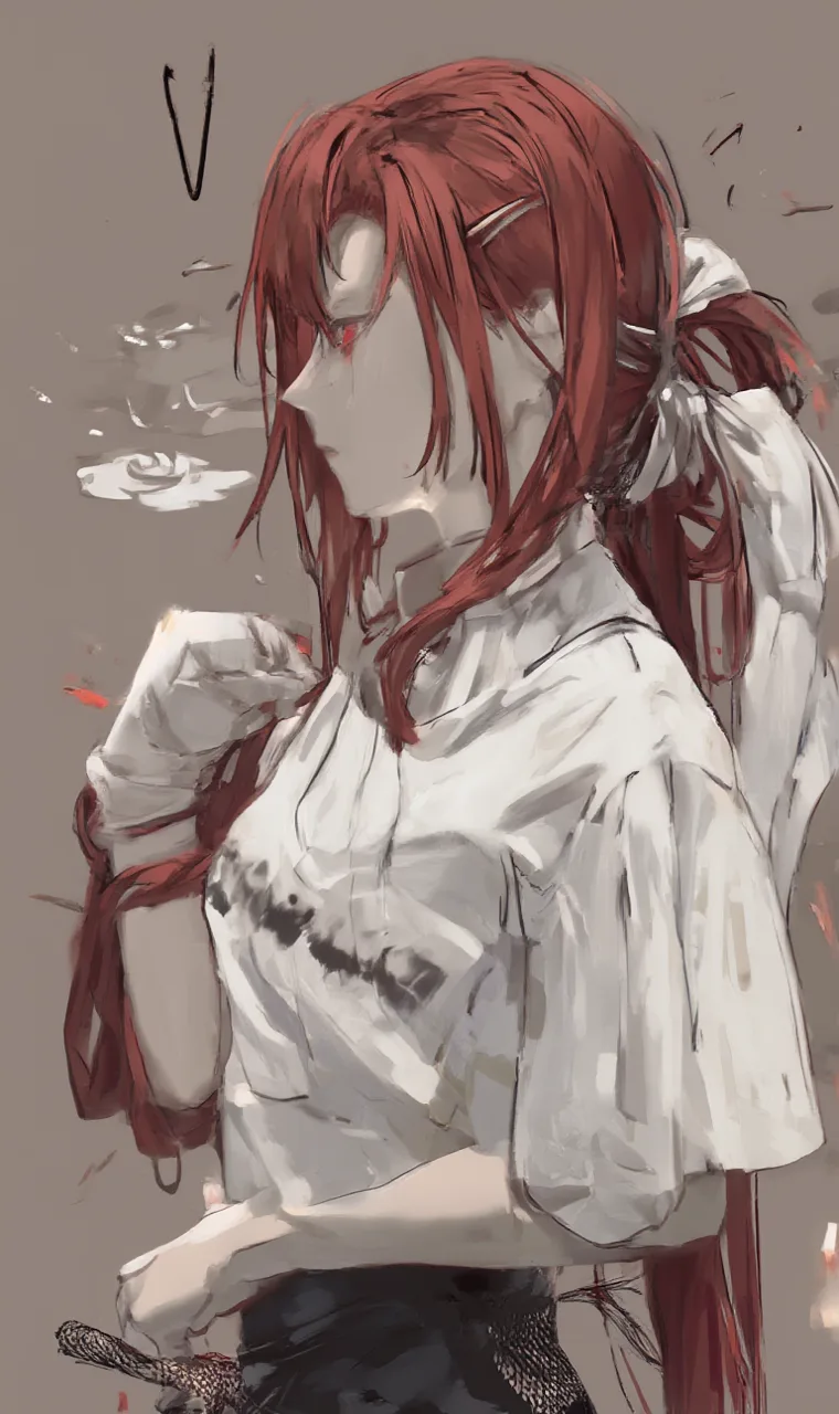 Z-Image output. Painterly side view, red hair tied back, white shirt, gray-brown background
