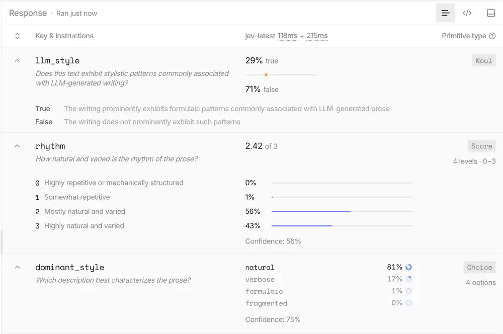 Aの結果画面。llm_styleはtrue 29%、rhythmは2.42、dominant_styleはnatural 81%