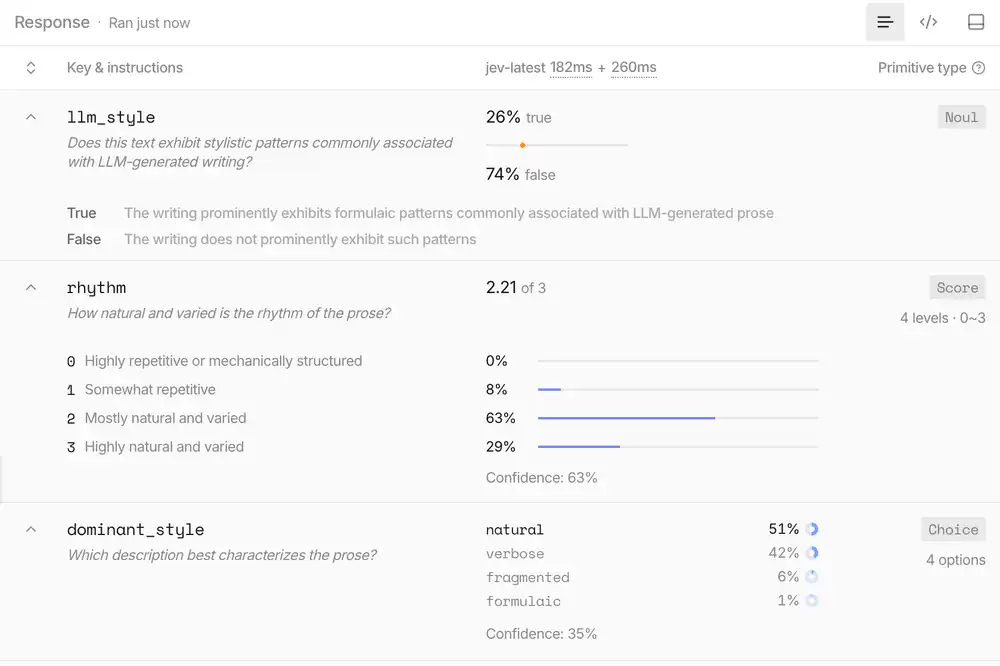 Cの結果画面。llm_styleはtrue 26%、rhythmは2.21、dominant_styleはnatural 51%