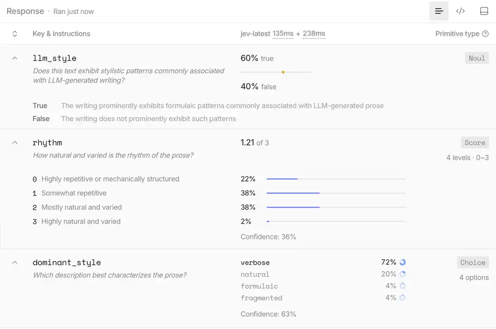 Qwen記事のBの結果画面。llm_styleはtrue 60%、rhythmは1.21、dominant_styleはverbose 72%