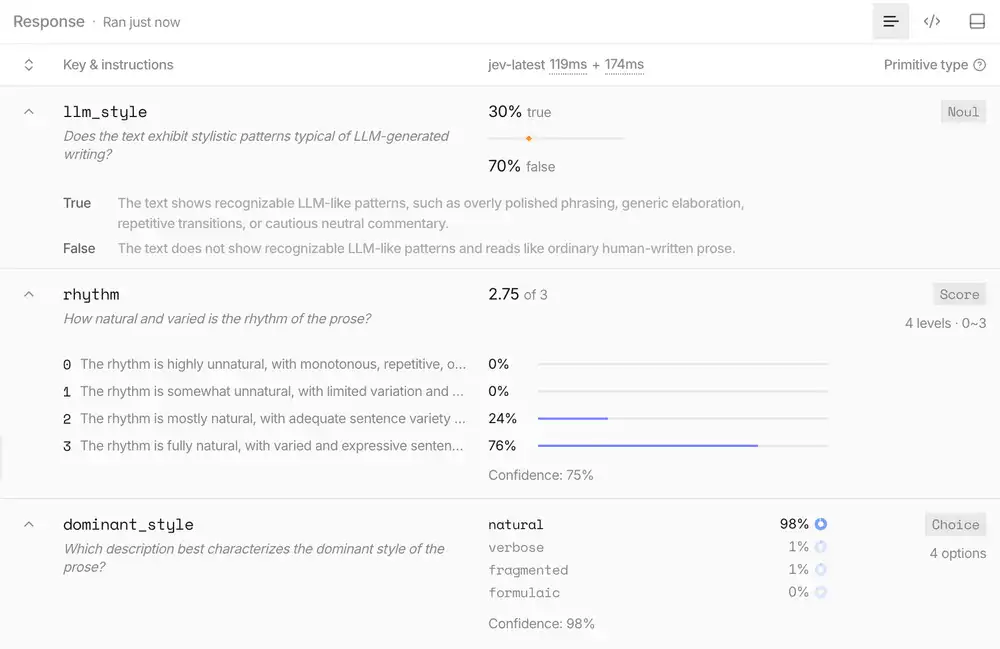 Qwen3.8-MaxのスキーマによるESPRIMO記事(A)の結果画面。llm_styleはtrue 30%、rhythmは2.75、dominant_styleはnatural 98%