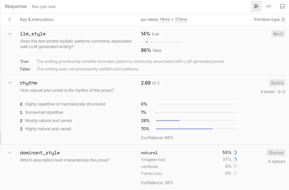 2011年の勉強会報告の結果画面。llm_styleはtrue 14%、rhythmは2.69、dominant_styleはnatural 55%