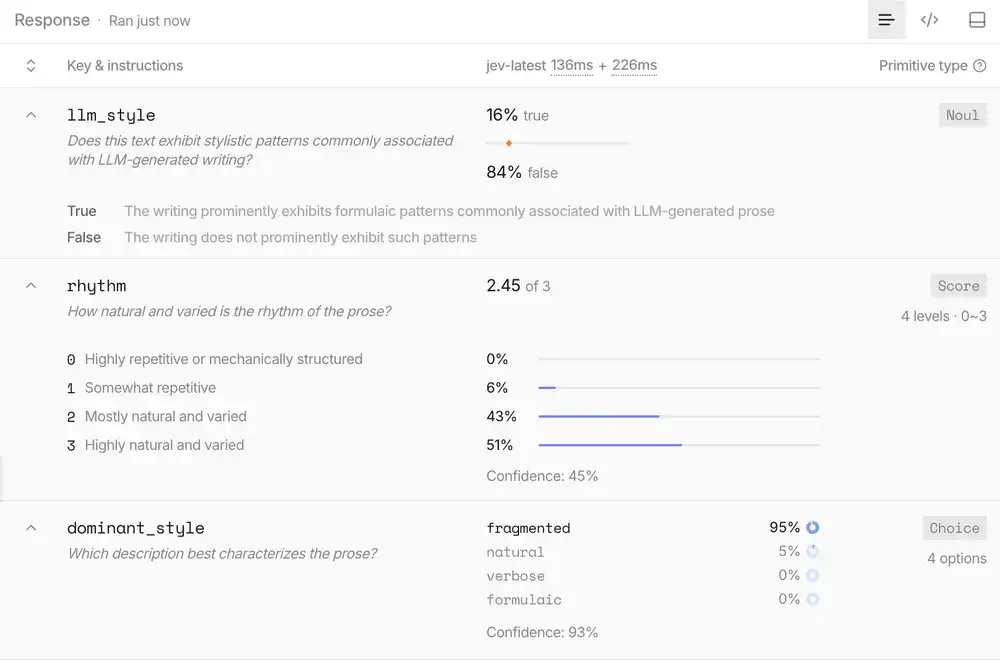 2011年の日記の結果画面。llm_styleはtrue 16%、rhythmは2.45、dominant_styleはfragmented 95%