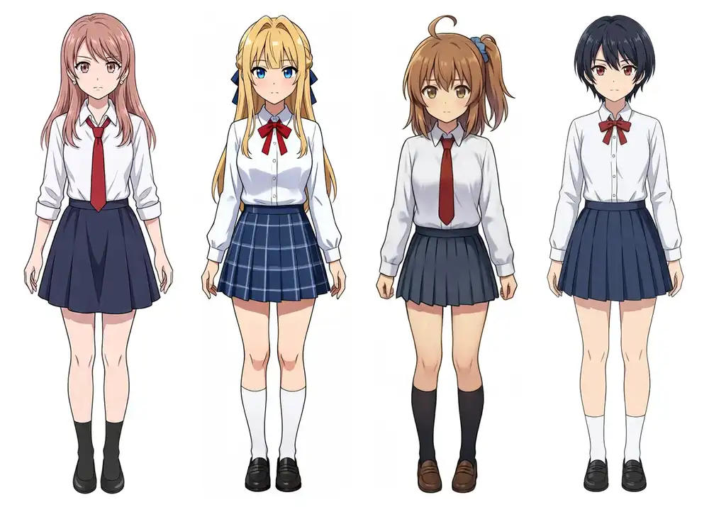 参照に使った4人の立ち絵。左からくらら、けい、かな、こはる