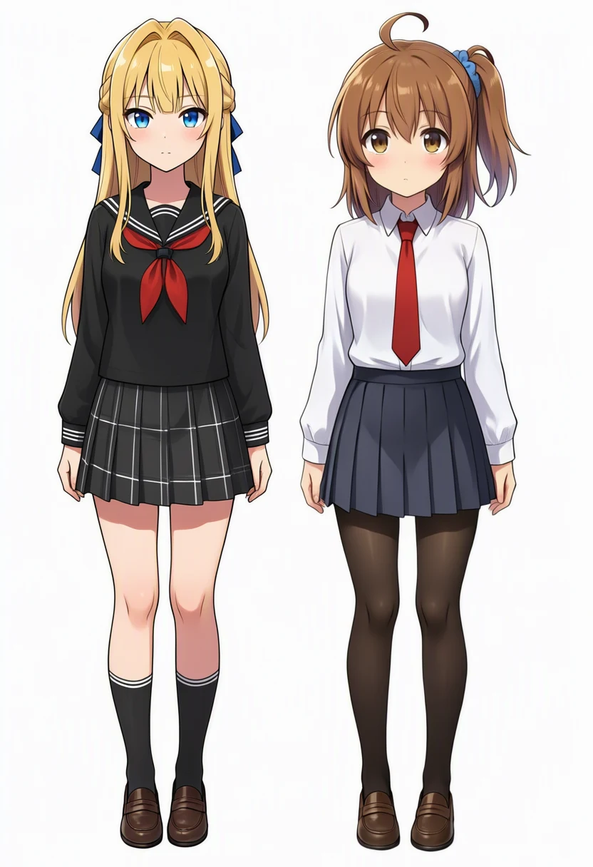 Output where only the left girl wears a black sailor uniform. The right girl is unchanged