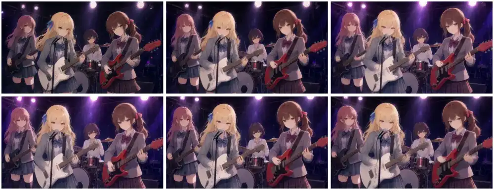Six frames of band performance: frames 0, 21, 42, 63, 84, and 106 from top-left