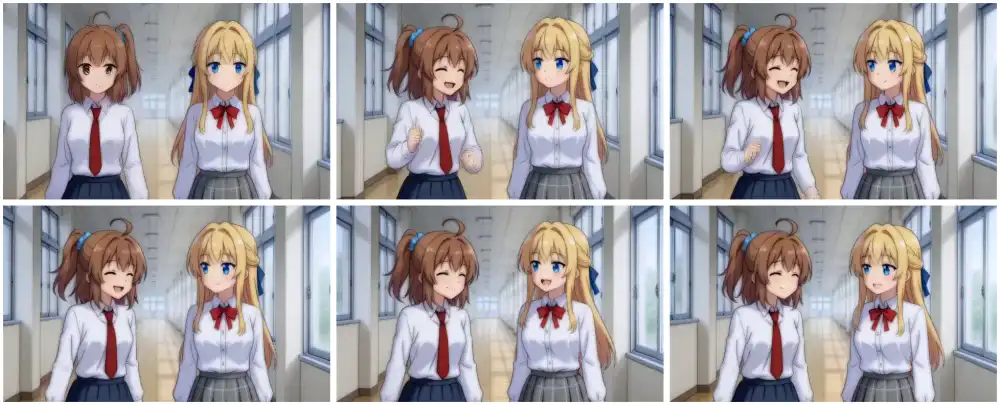 Six frames of 107-frame duo video: frames 0, 21, 42, 63, 84, and 106 from top-left