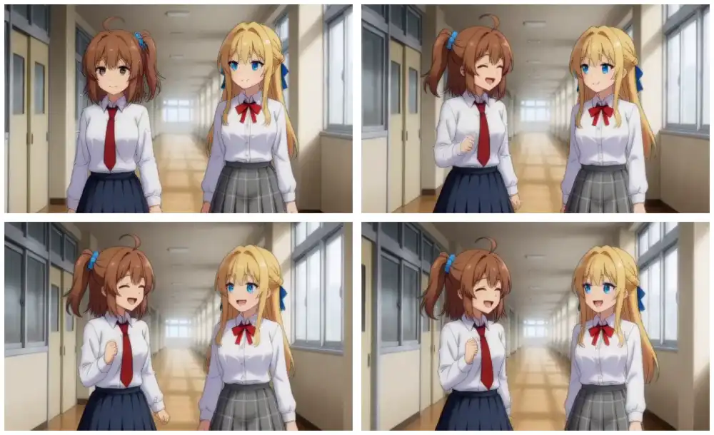 Two characters walking in hallway across 4 frames: 0, 18, 36, 55