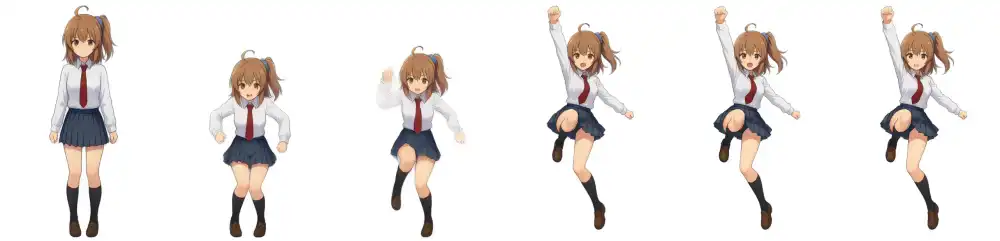 Six extracted frames of jump: frames 0, 11, 22, 33, 44, and 55 from left to right